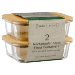 B&M Rectangular Glass Food Containers With Bamboo Lids 2pk -Quality Home Store 376824 2pk regular glass food containers1
