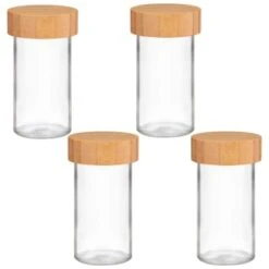 B&M Set Of 4 Glass Spice Jars With Bamboo Wood Base -Quality Home Store 394437 set of 4 glass spice jars with bamboo wood lid and base group